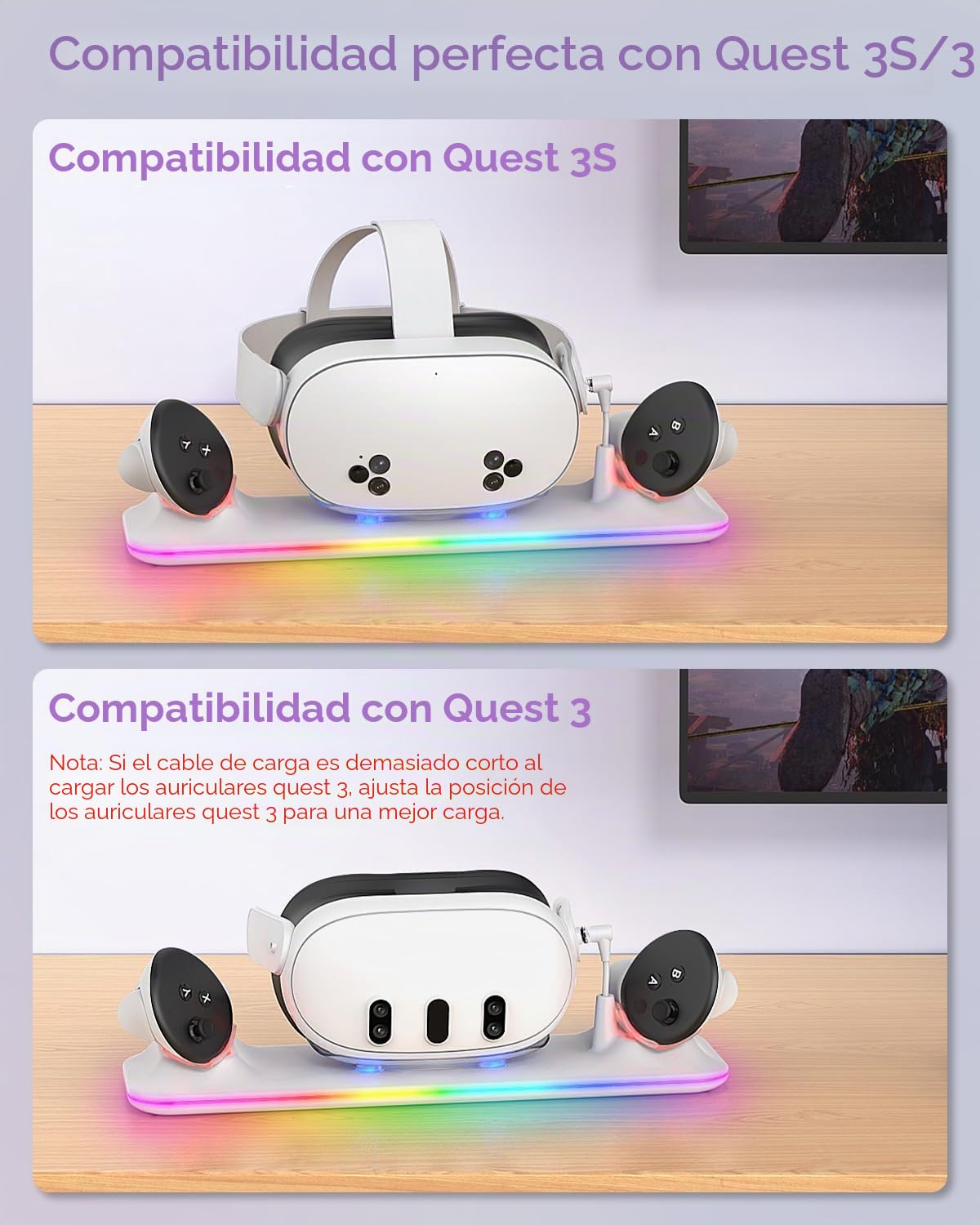 Base de carga para Meta Quest 3S/3, estación de carga magnética Kinwin para Oculus Quest 3S/3, accesorios con luz RGB, soporte de carga para auriculares VR y controlador con 2 baterías recargables