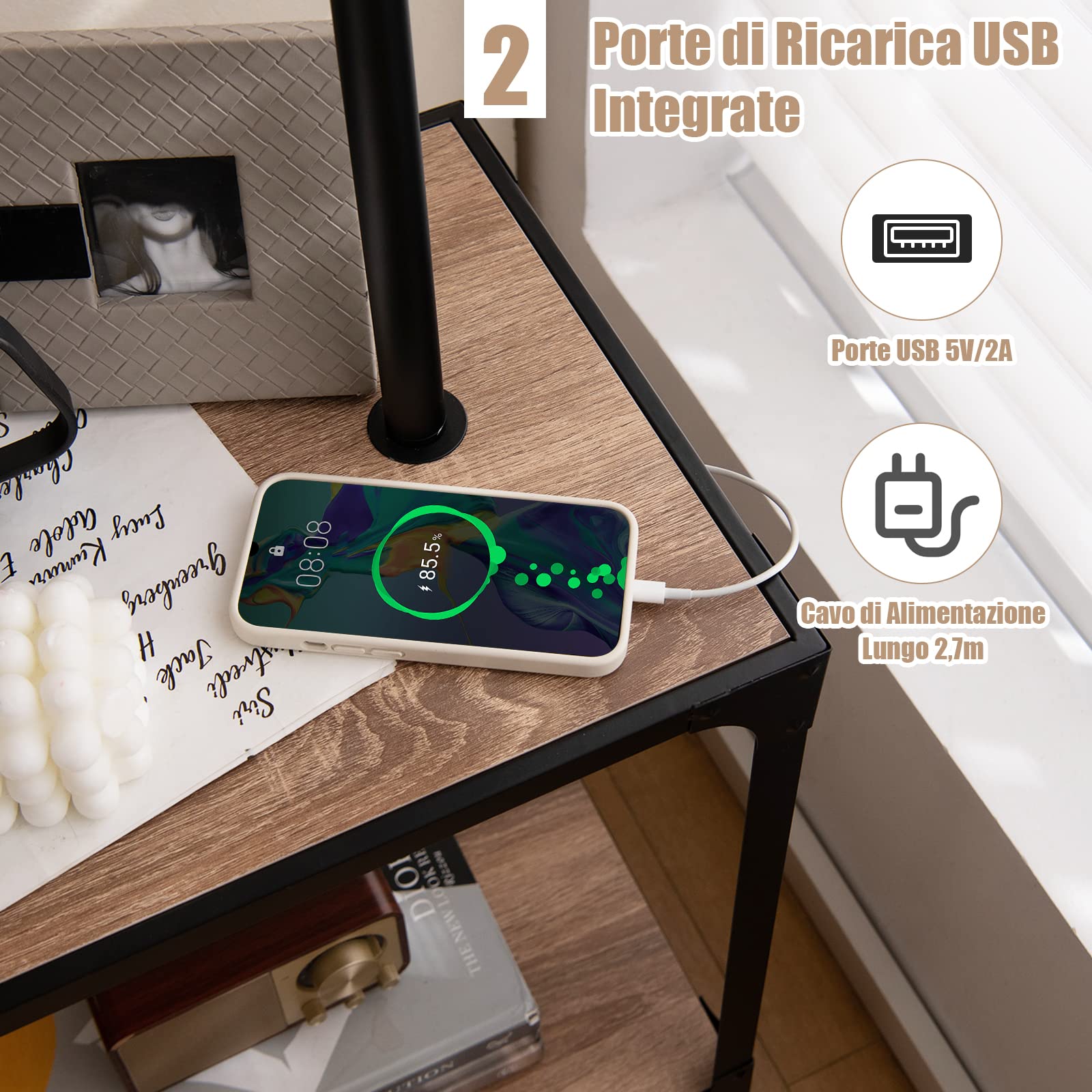 COSTWAY Lampada da Terra in Metallo e Legno, Lampada da Lettura con Tavolino, Mensola e Porta USB, Lampada Ruotabile di 360° per Camera da letto e Salotto