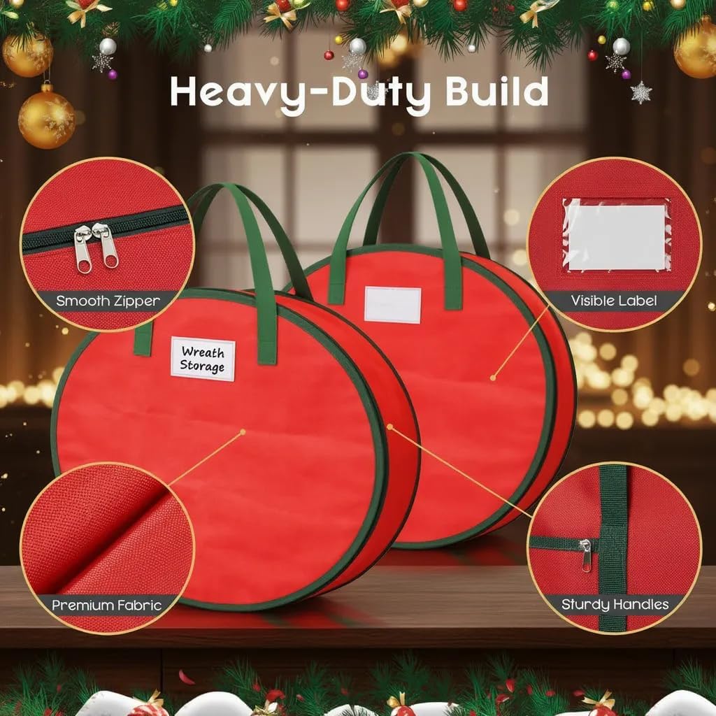 2-Pack Wreath Storage Bags, Red Holiday Organizers for Christmas Wreaths, Protects & Saves Space, Durable Fabric with Handles, Seasonal Decor Storage (Red)
