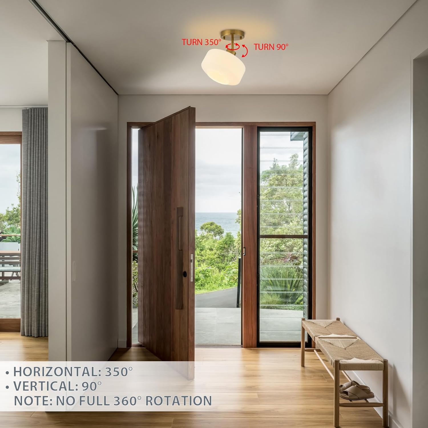 Upgraded Modern Brass Semi Flush Mount Ceiling Light Fixture, Adjustable Hanging Gold Farmhouse Ceiling Light, 8.66" Milk White Glass Shade, Sloped Ceiling Adaptable, for Hallway, Entryway, Kitchen