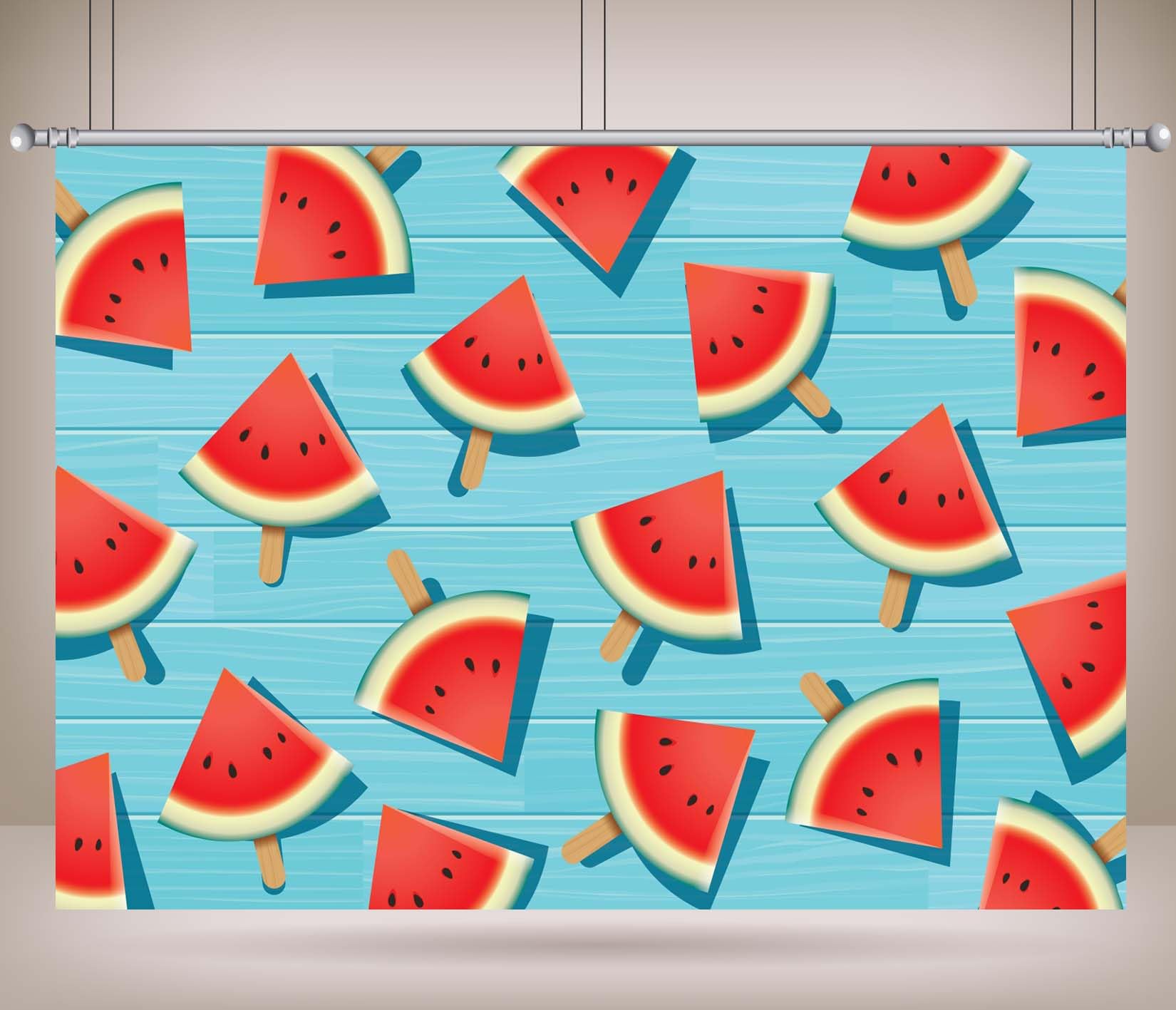 Stoff 4.5x2.5m Wassermelonen EIS am Stiel Hintergrund Wassermelonen Scheibe EIS am Stiel Blauer Holzhintergrund Sommerfrucht Fotohintergrund für Sommer Poolparty Kindergeburtstag