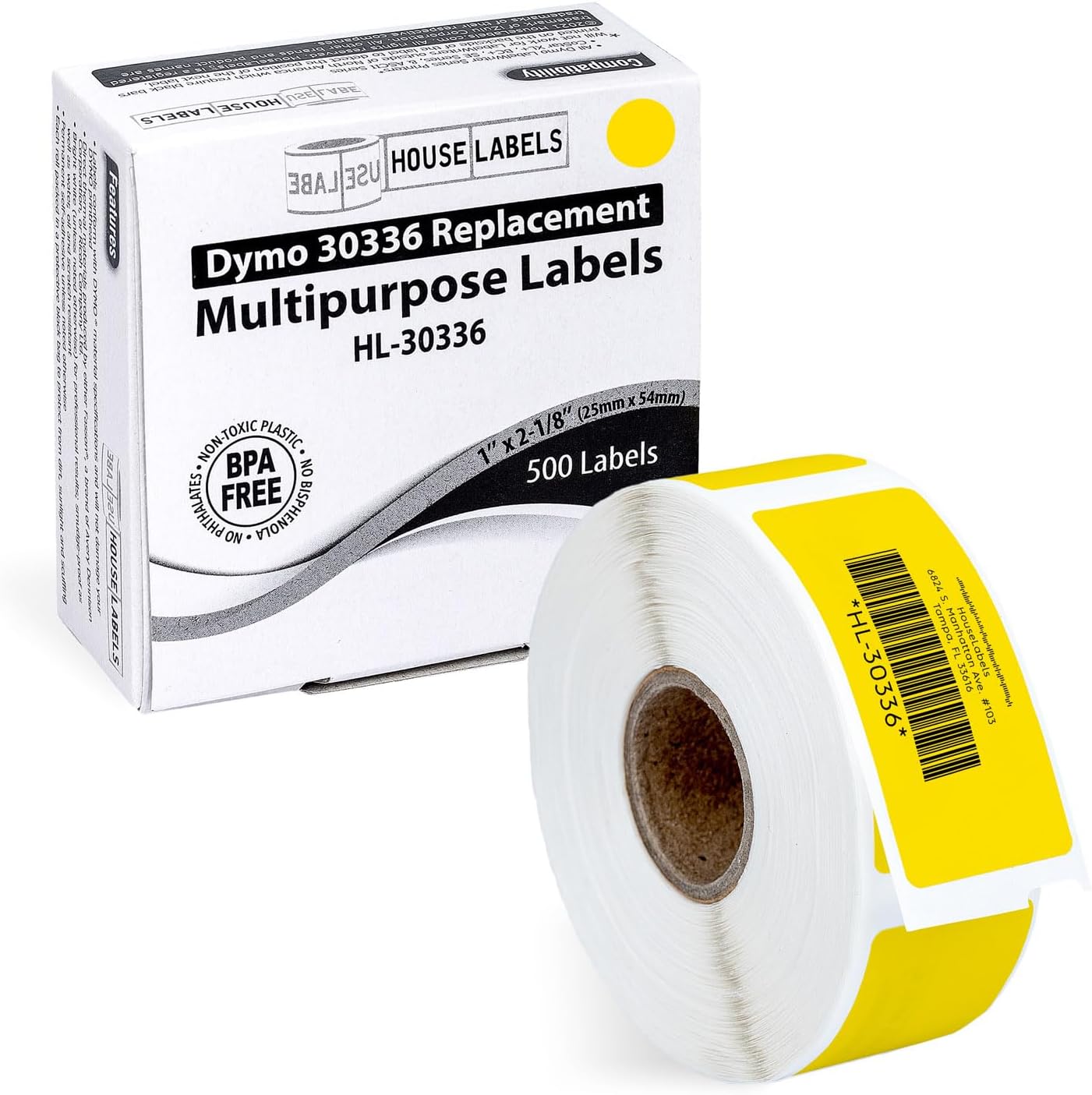 HOUSELABELS Compatible DYMO 30336 Yellow Multipurpose Labels (1" x 2-1/8"), Strong Permanent Adhesive, Compatible with DYMO LW 450, 4XL, Rollo & Zebra Desktop Printers, 8 Rolls /4000 Labels