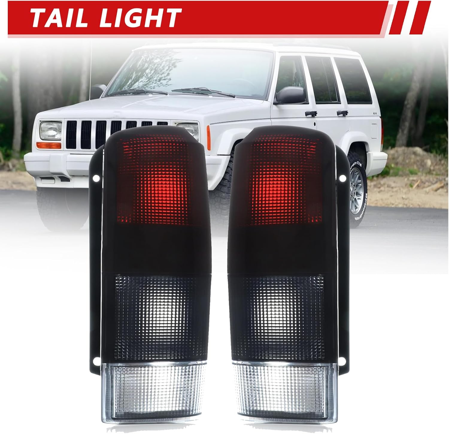 Tail Light Assembly Compatible With 1997-2001 Jeep Cherokee Passenger and Driver Side Brake Rear Lamp Taillights Red/Black Smoke CH2800128 4897399AA