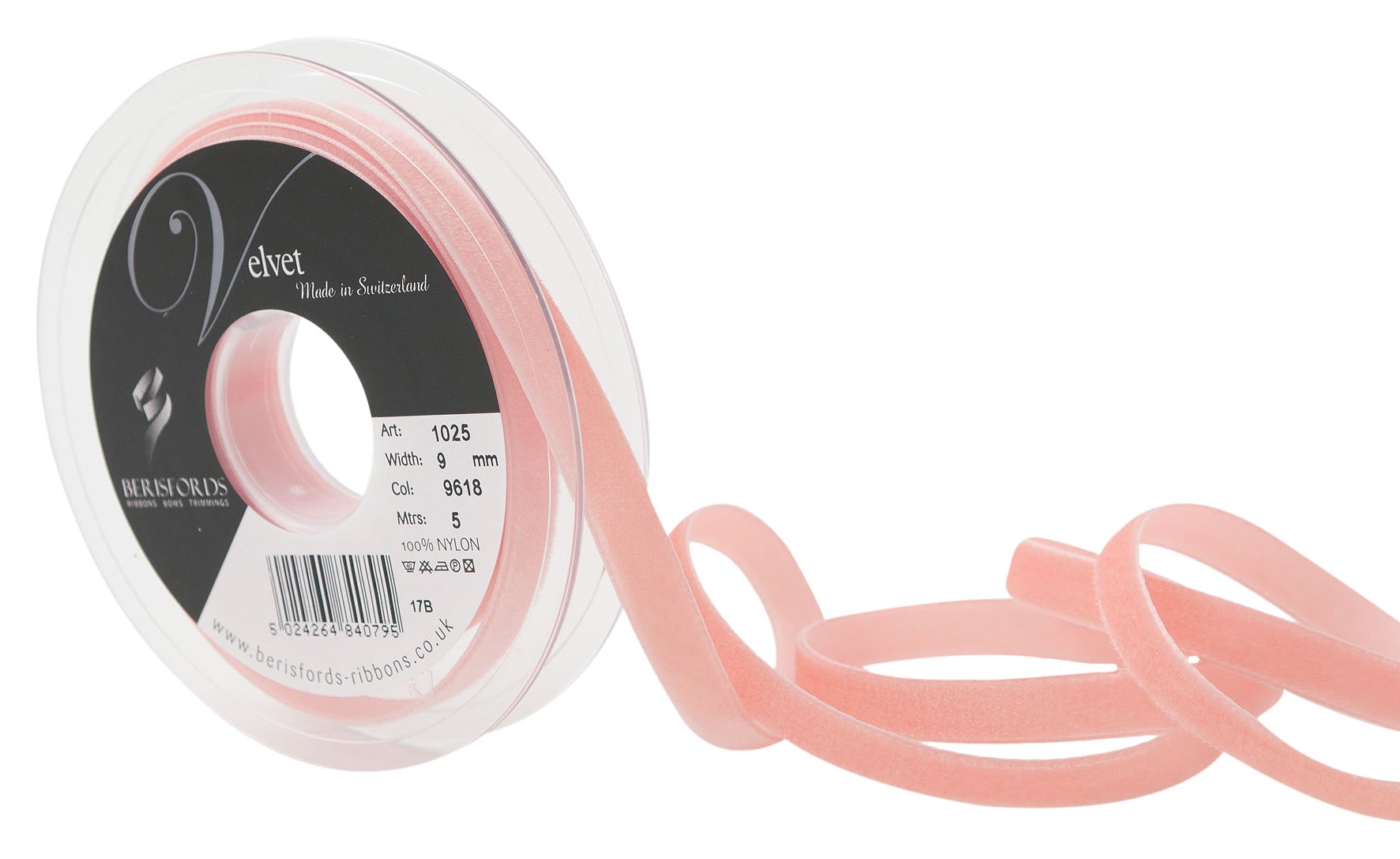 Berisfords Velvet Ribbon, Coral, 102 x 15 x 102 cm