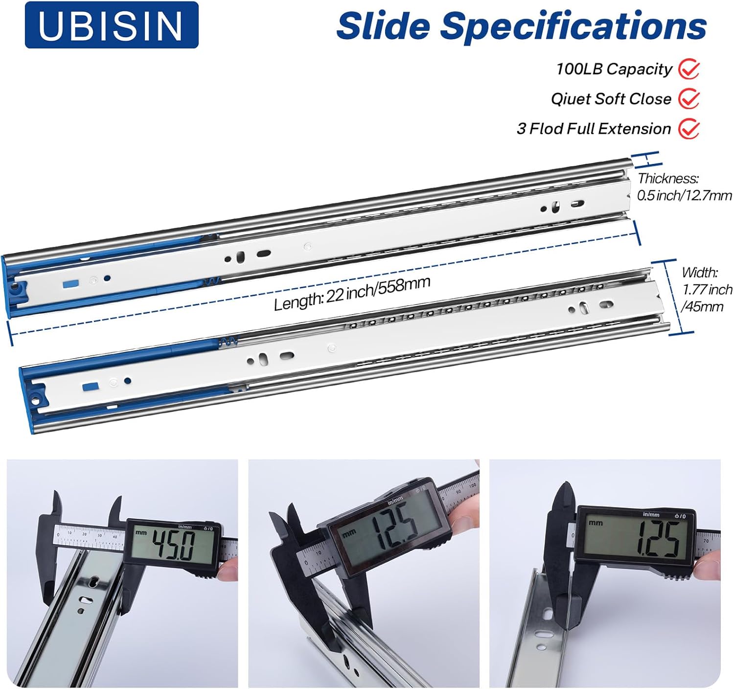 soft close ball bearing drawer slides 22 inch, 5 pairs 3-section full extension drawer glides heavy duty steel side mount rails for kitchen cabinet?tool chest?office furniture?100 lbs 22 inch 5