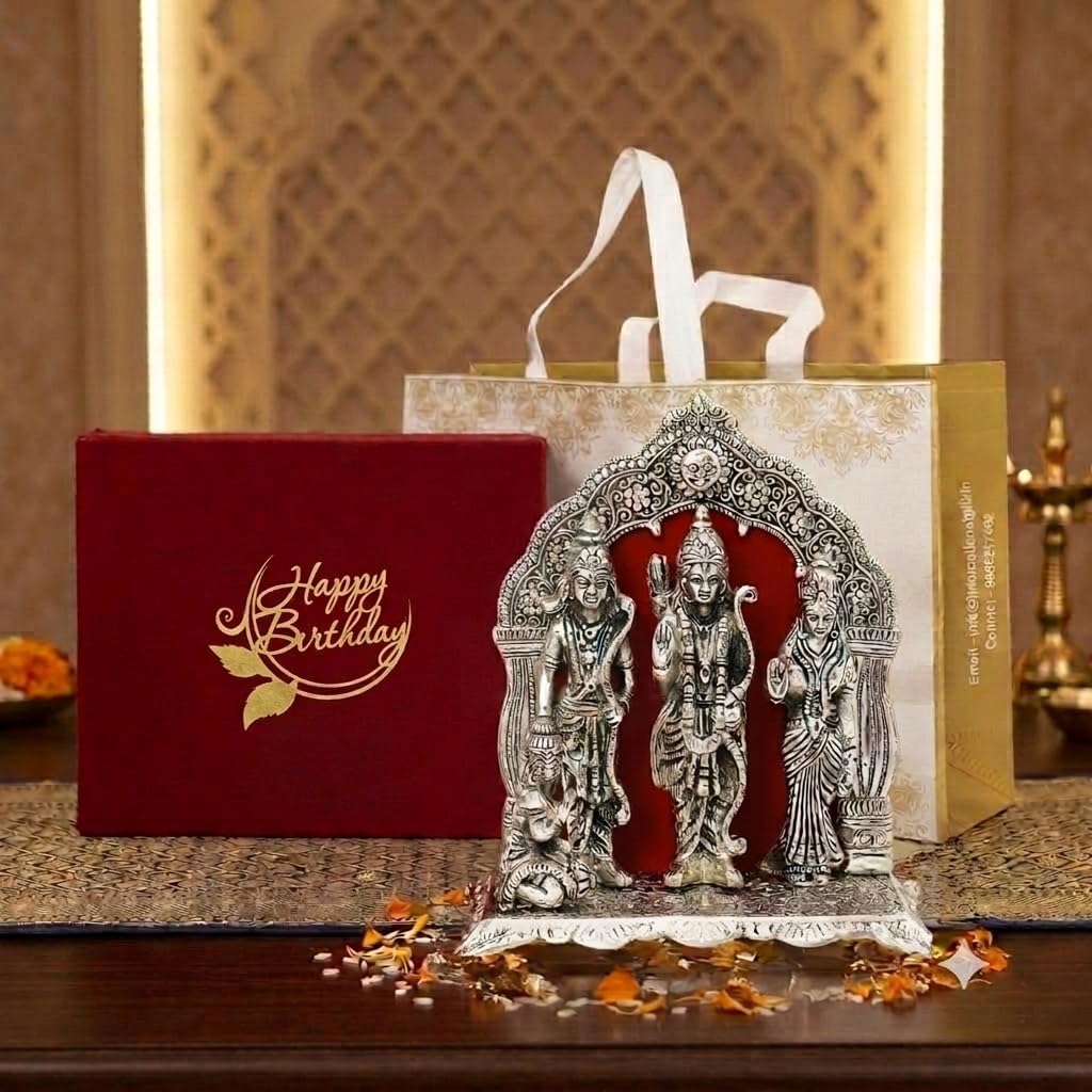 INTERNATIONAL GIFTยฎ Silver Ram Darbar God Idol | Happy Birthday Printed Box | Carry Bag