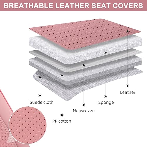 Miniatura 10 de Fundas de asiento delantero de coche color rosa con reposacabezas, cuero transpirable, 1 par de ajuste universal para sedanes, SUV, camiones