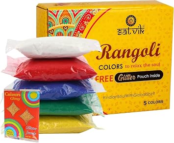 SATVIK 5 Shades of Rangoli Colors More Quantity Easy to Store Glitter Rangoli Colours Pouch No GULAL Festival/Festive Multi Colors Powder Art Crafts Painting, Diwali Housewarming Return Gifts Items