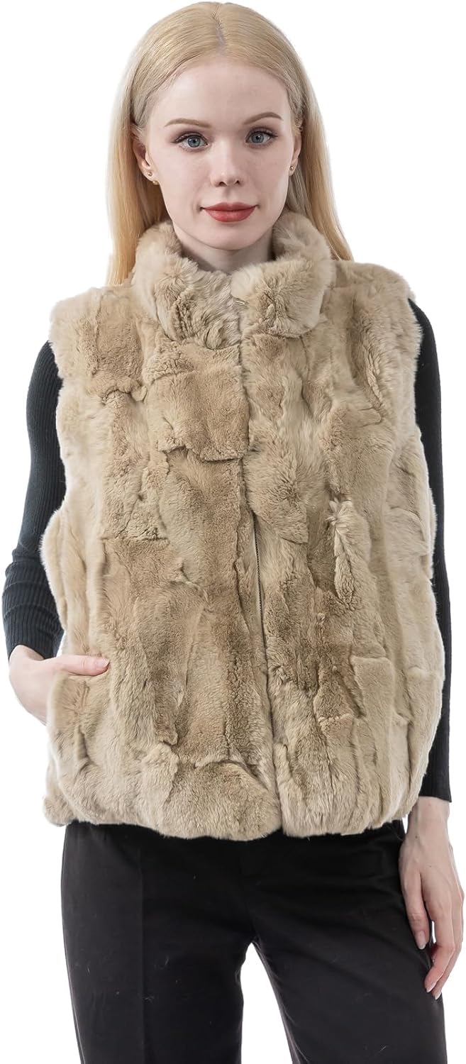 LVCOMEFF Women Real Rex Rabbit Fur Vest Furry Fluffy Classic With High Collar Sleeveless Outwear Top