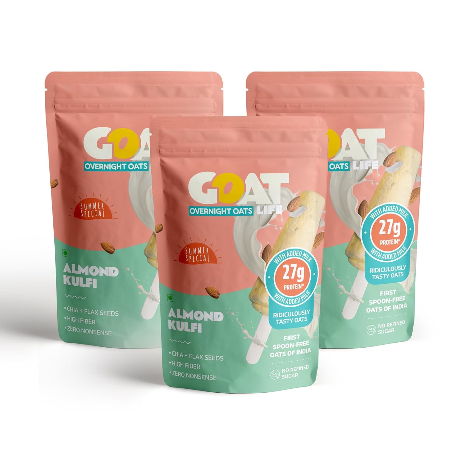 GOAT Life Overnight Oats (75g) | 27g Protein | High Fibre | Nutrient-Rich | No Sugar | Gluten-Free & Vegan | Supports Weight Management & Muscle Recovery | Instant Breakfast (Pack of 3, Almond Kulfi)