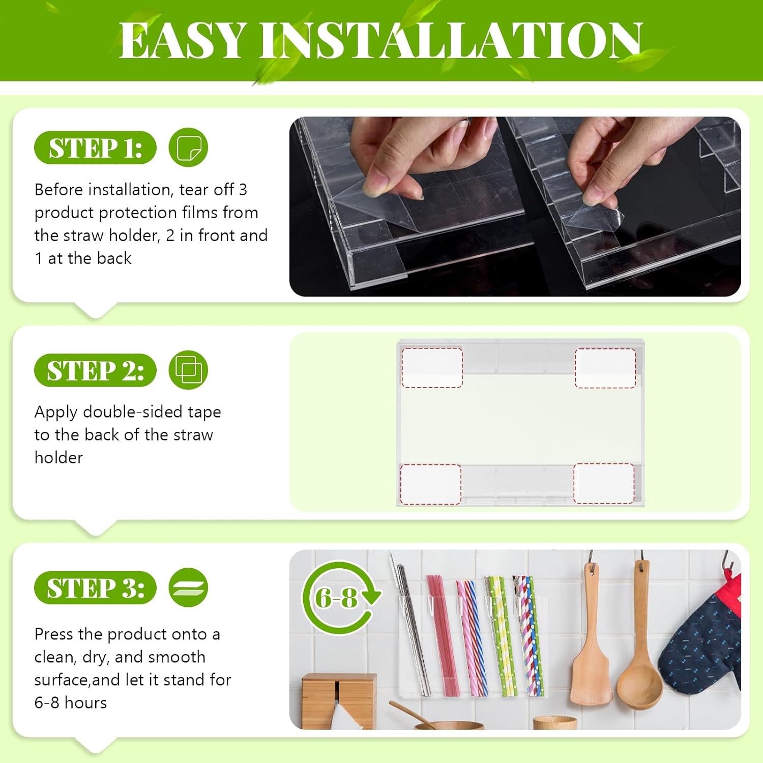 9.5" Acrylic Straw Holder for Cabinet Door, Space-Saving Straw Organizer for Cabinet Door with Double-Sided Tape and Cleaning Brush, Storage Dispenser for Kitchen Counter Cupboard (Transparent) - Image 5