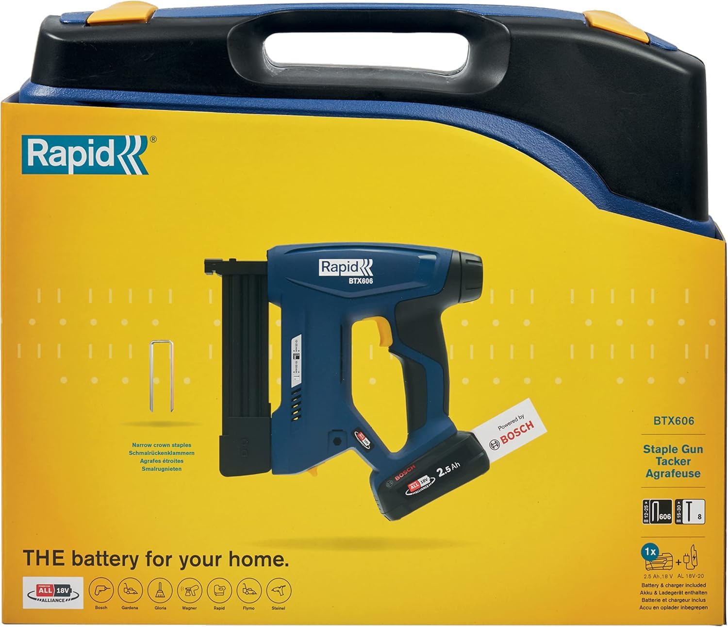 Rapid BTX606 - Agrafeuse Murale 18V, Agrafeuse-Cloueuse Électrique Sans Fil à Batterie, pour Agrafes à Couronne Étroite & Pointes, Bois Dur & Tendre + Batterie 2,5 Ah, Chargeur, Malette (5001502)