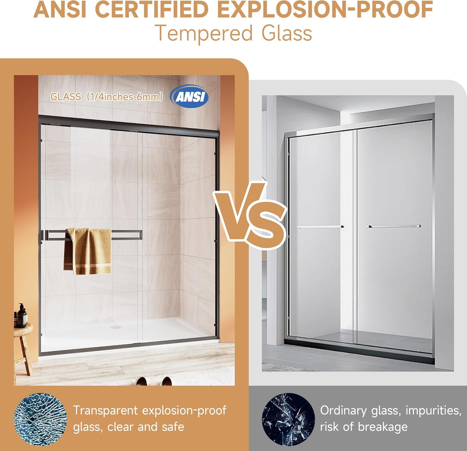 Double Sliding Shower Door, 48 in W x 72 in H, Semi-Frameless, 6mm SGCC Clear Tempered Glass, Silent Soft-Close & Anti-Leak, Matte Black Bathroom Walk-in Shower Enclosure