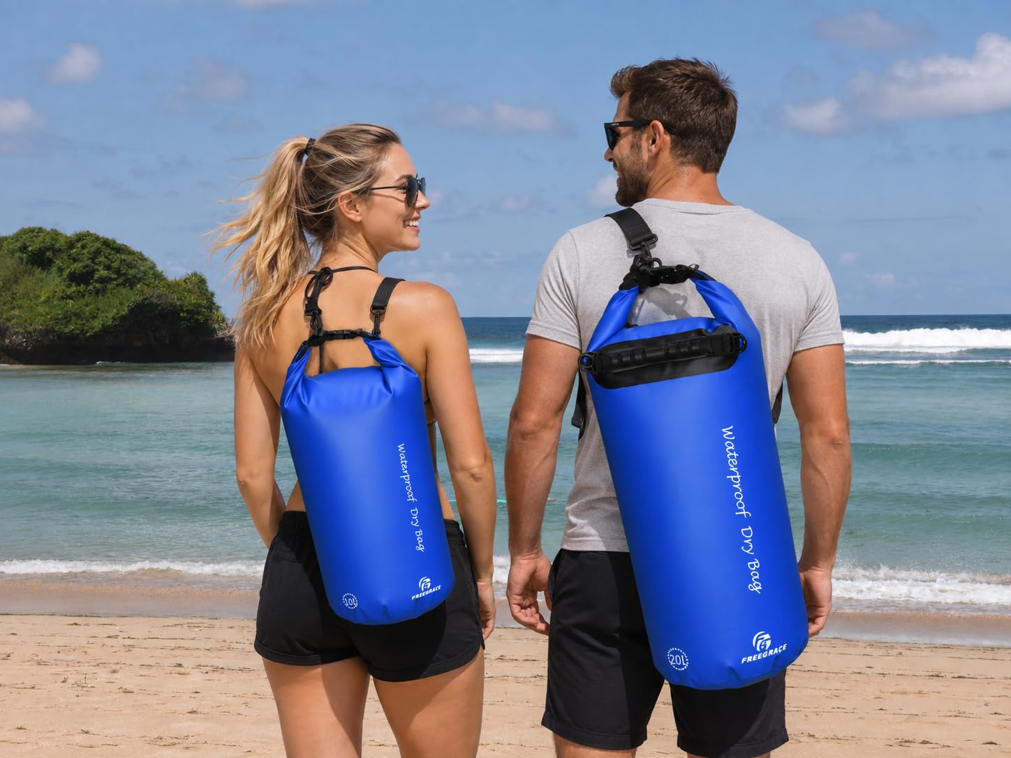 Set de 3 Sacos Secos a Prueba de Agua, por Freegrace – Saco Seco con 2 Sellos Ziplock y Correa Removible. Saco de Cintura y Estuche para Teléfono – Puede Ser Sumergido Bajo el Agua – Para Nadar, Montar Kayak, Montar en Bote, y Hacer Rafting
