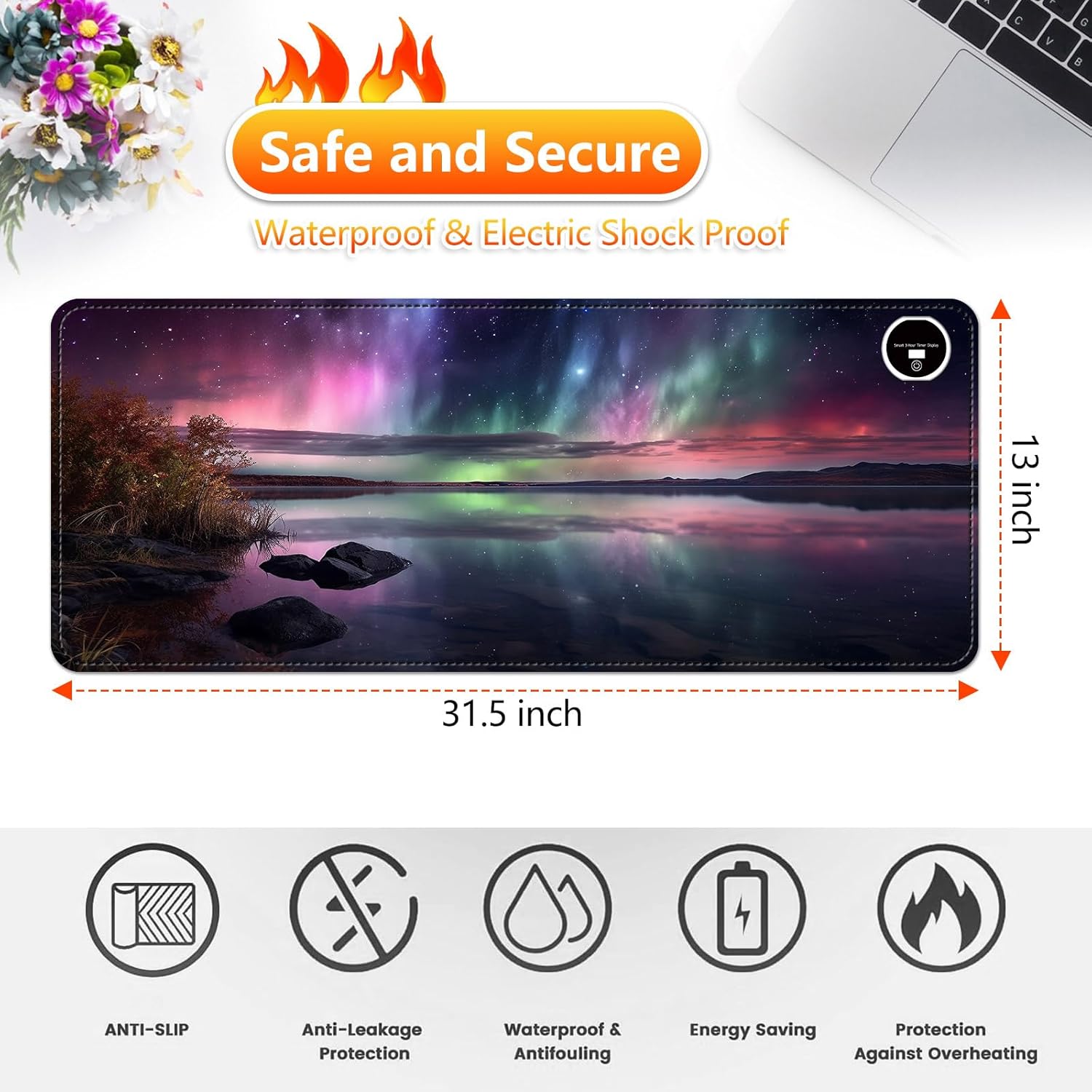 Heated Desk Pad 31.5" x 13", Multistage Control 30 to 55, Auto Shut-Off After 3 Hours, Extended Edition Gaming Mouse Mat, Leather Heated Mouse Pad, Auroral Starry Sky