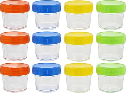 Acorn Baby Juego de 12 tarros de cristal para bebé, coloridos recipientes de almacenamiento de alimentos para bebés de 4 onzas, aptos para