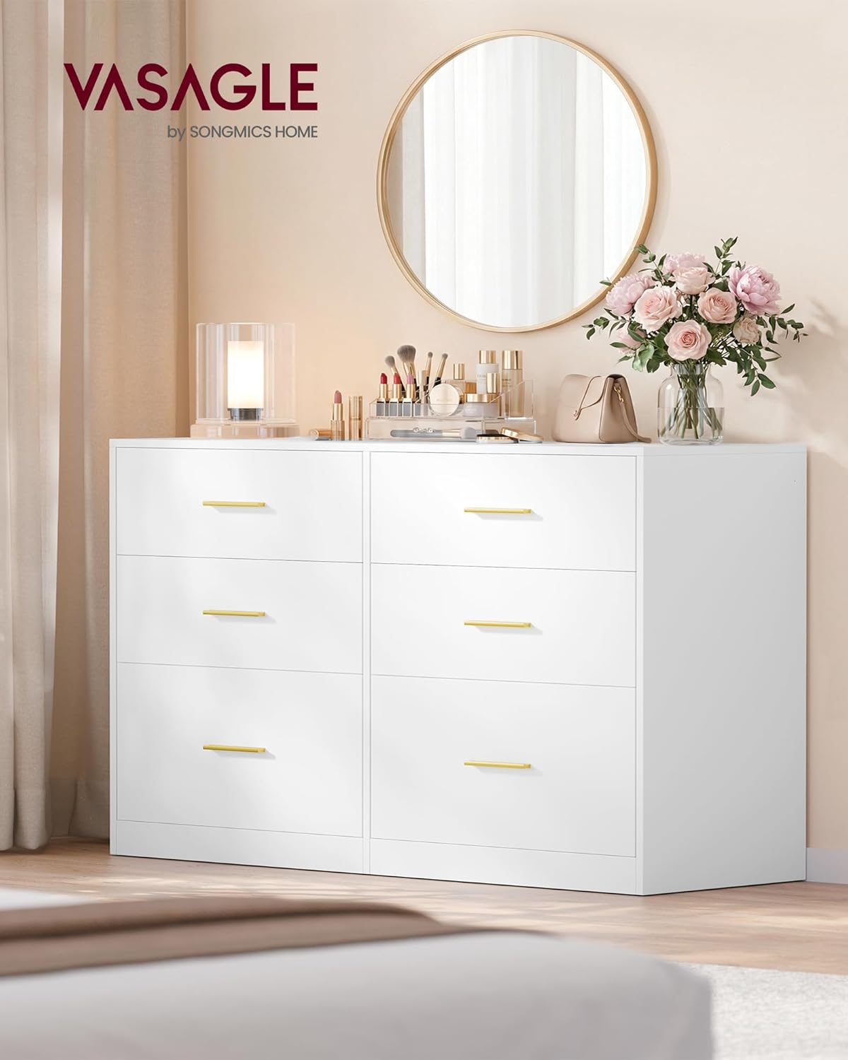 VASAGLE Custos Collection - Dresser for Bedroom, Chest of Drawers for Closet, Modern Style, TV Stand for Living Room, 6 Drawers, 15.8 x 46.9 x 30.7 Inches, Cloud White ULTS416WB01S
