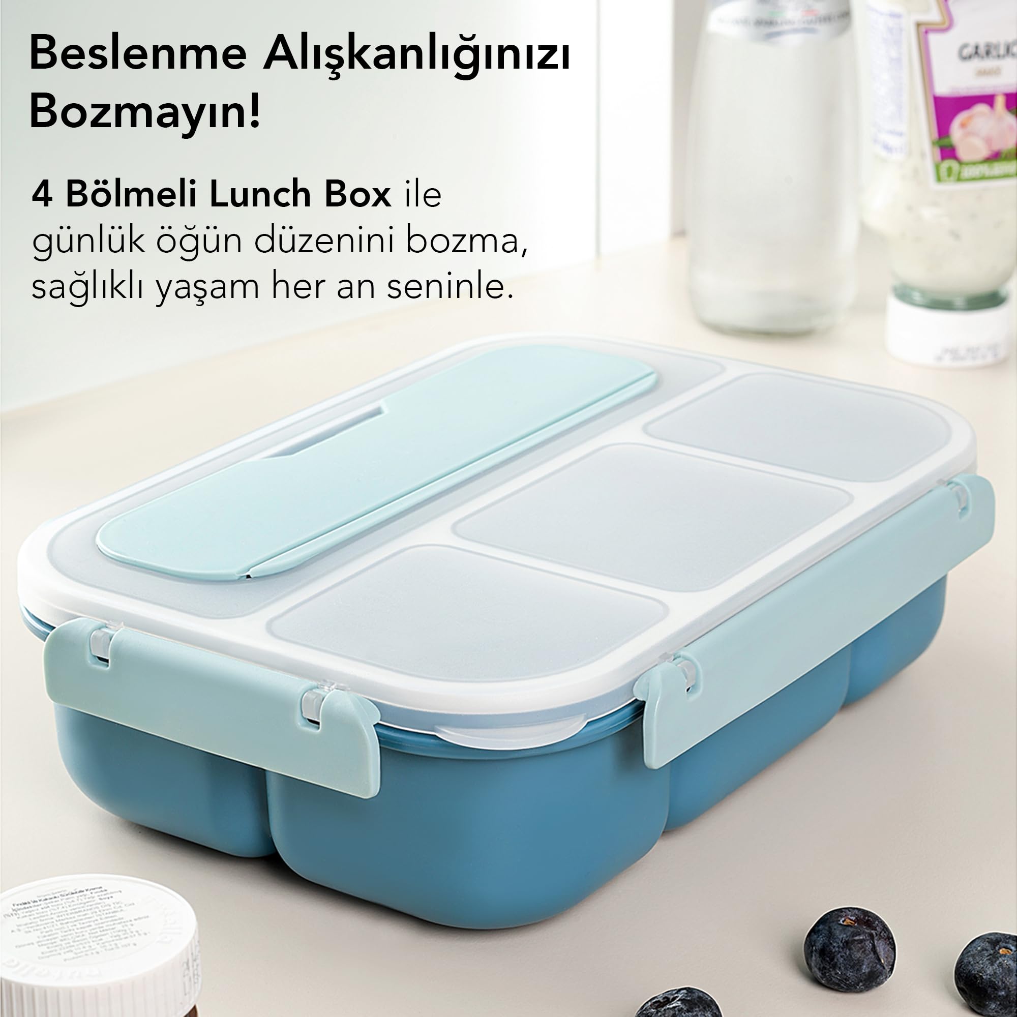 Sızdırmaz Contalı Yemek Kabı - 4 Bölmeli Çatal Kaşıklı Diyet Beslenme Kutusu Lunch Box Mavi