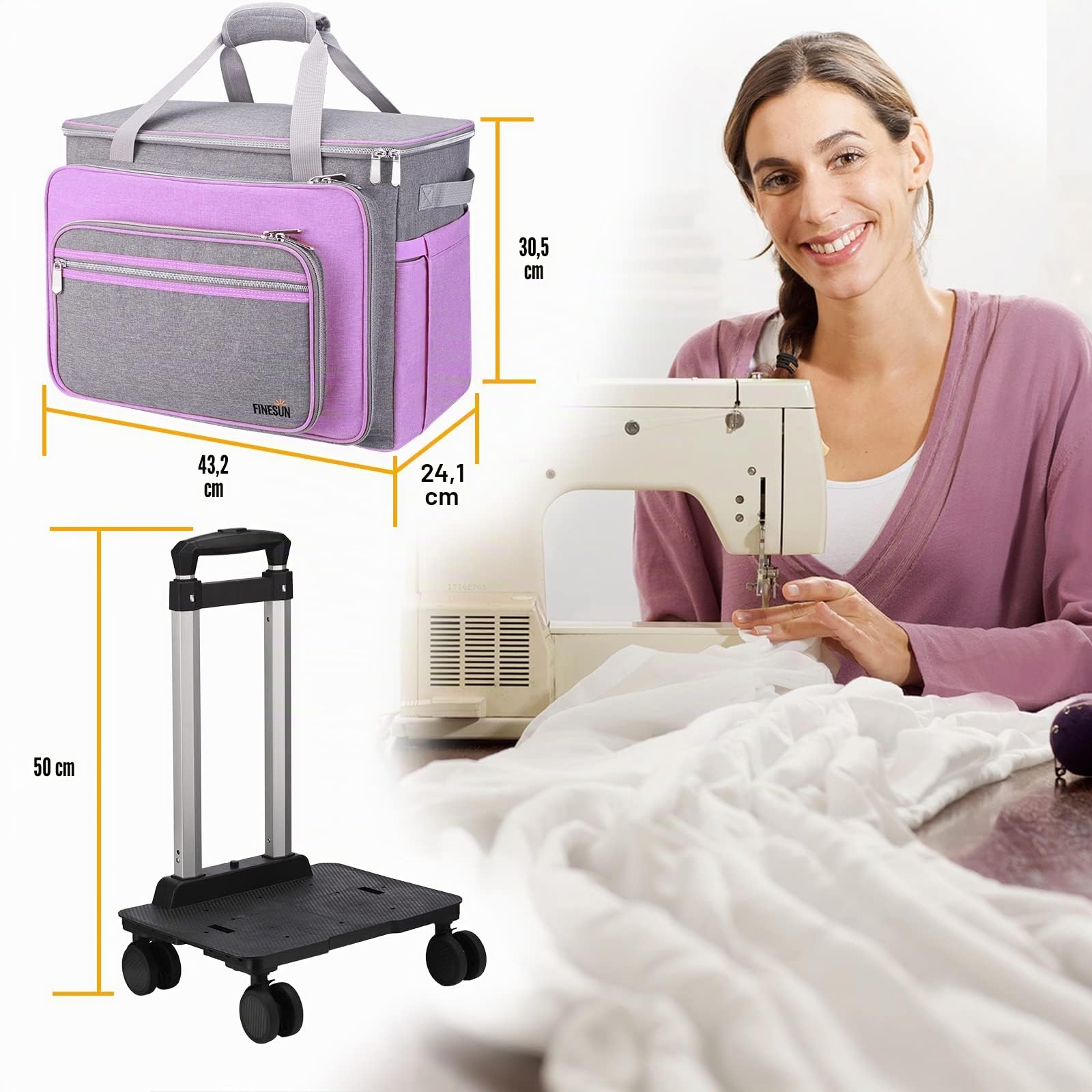 Estuche plegable de lujo para máquina de coser, gris y morado, funda de transporte para Brother, Singer, Bernina y la mayoría de máquina(con ruedas)
