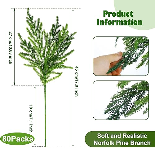 Miniatura 10 de Jutom Ramas de pino Norfolk de Navidad, 18 pulgadas de pino Norfolk, ramas de Navidad artificiales, manualidades, ramas de pino Norfolk para