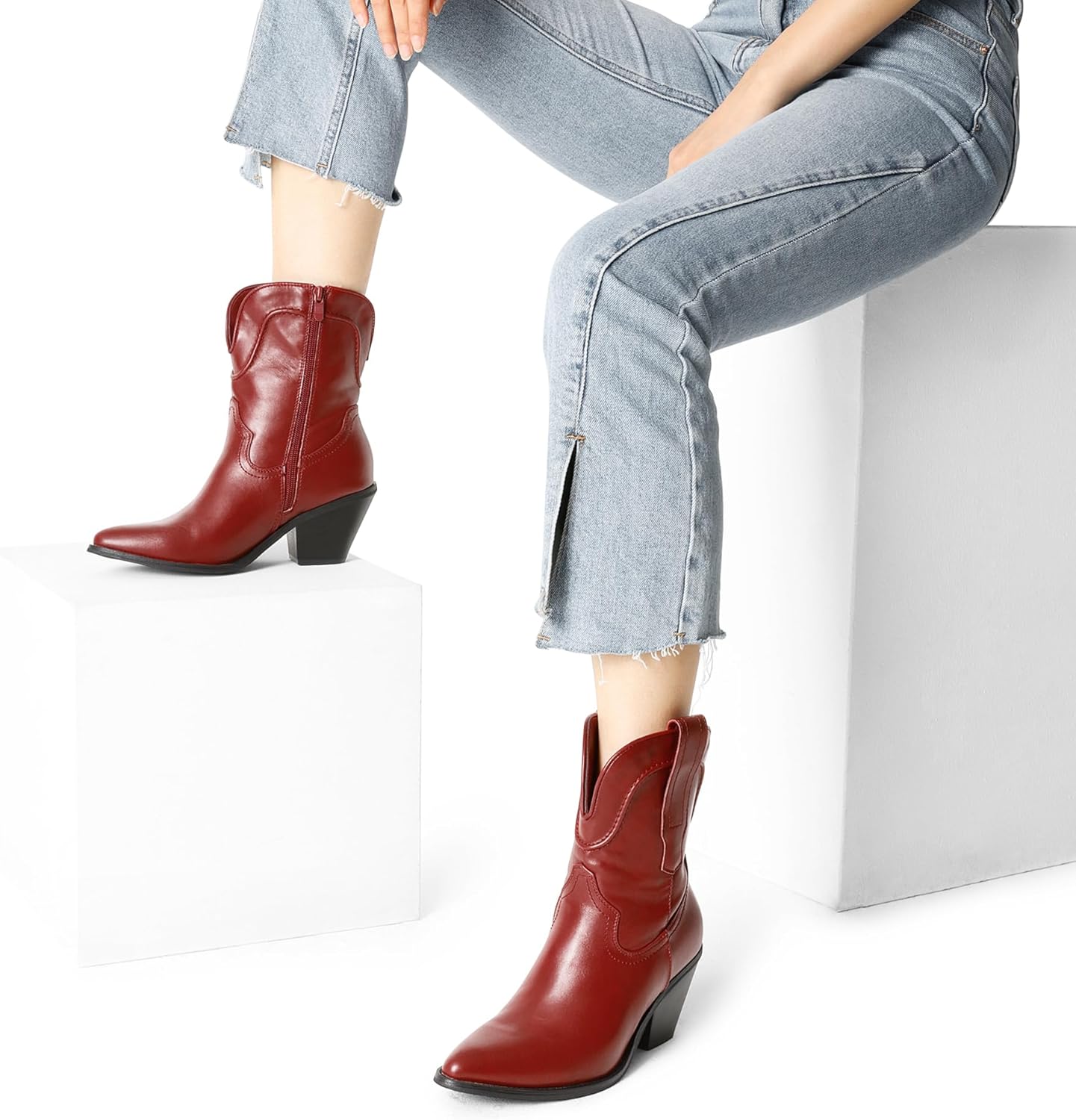 DREAM PAIRS Women's Cowboy Ankle Boots Western Booties Low Heel Pointed Toe Cowgirl Boots - Image 6