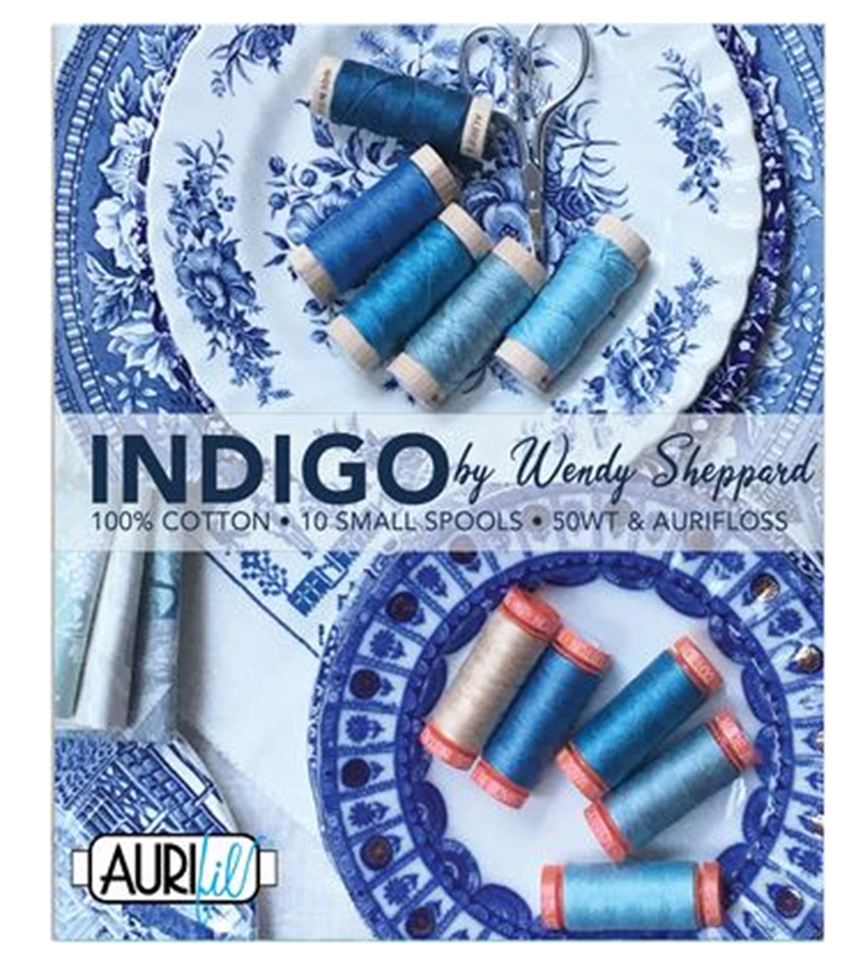 Indigo Aurifil set de 5 bobinas 50W y Aurifloss Wendy Sheppard para costura