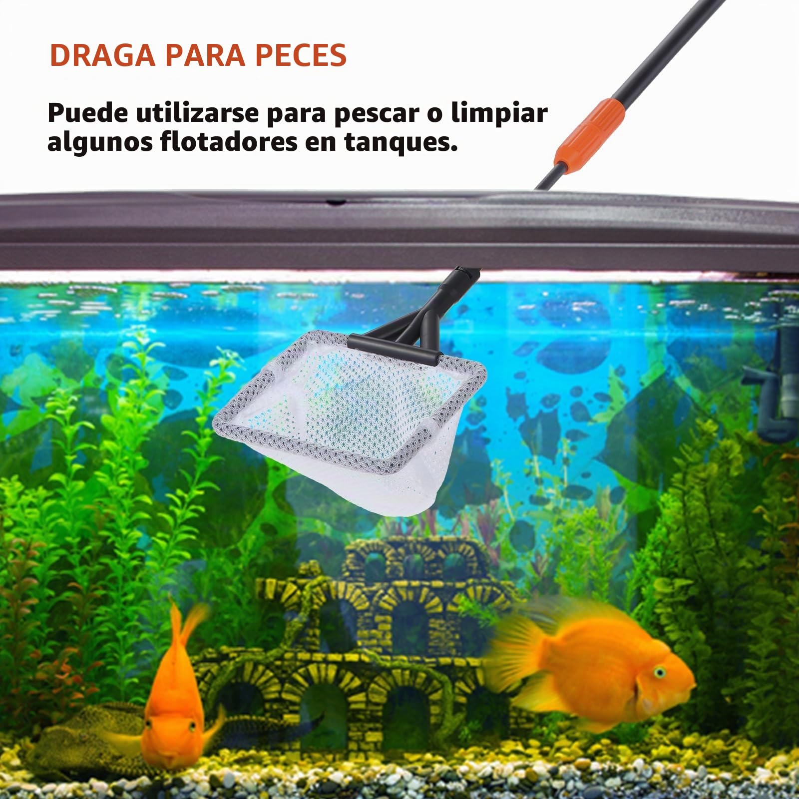 Coolty 6 en 1 Limpiador de peceras Herramienta de Limpieza de acuarios con Mango telescópico Largo, rascador, Red de Pesca, Cepillo de Limpieza con Esponja, rastrillo de Arena