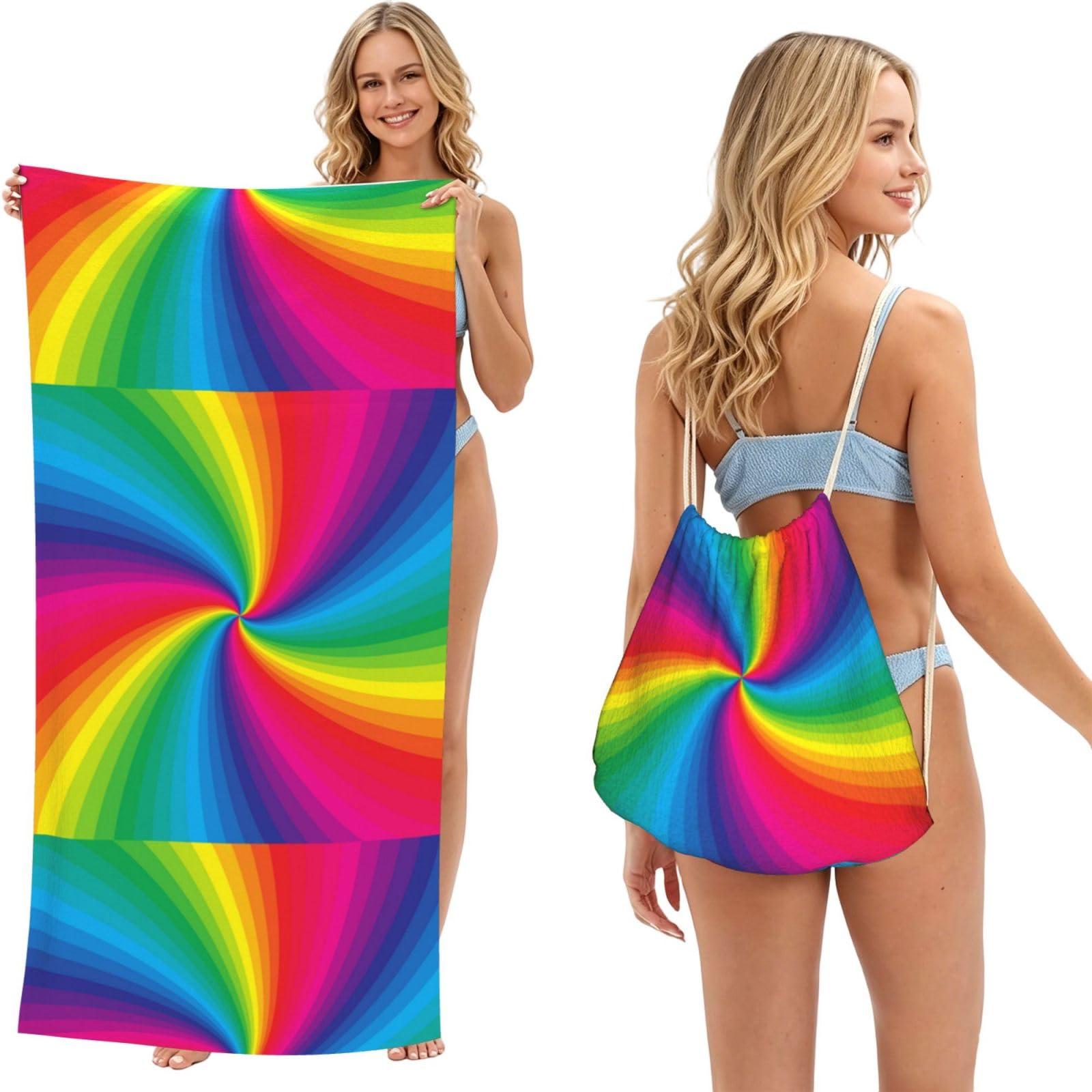 Poadnly As Picture Rainbow Colorful Spiral, 2 In 1 Packable Towel Bag, Beach Towels With Drawstring Backpack For Travel Holiday Camping
