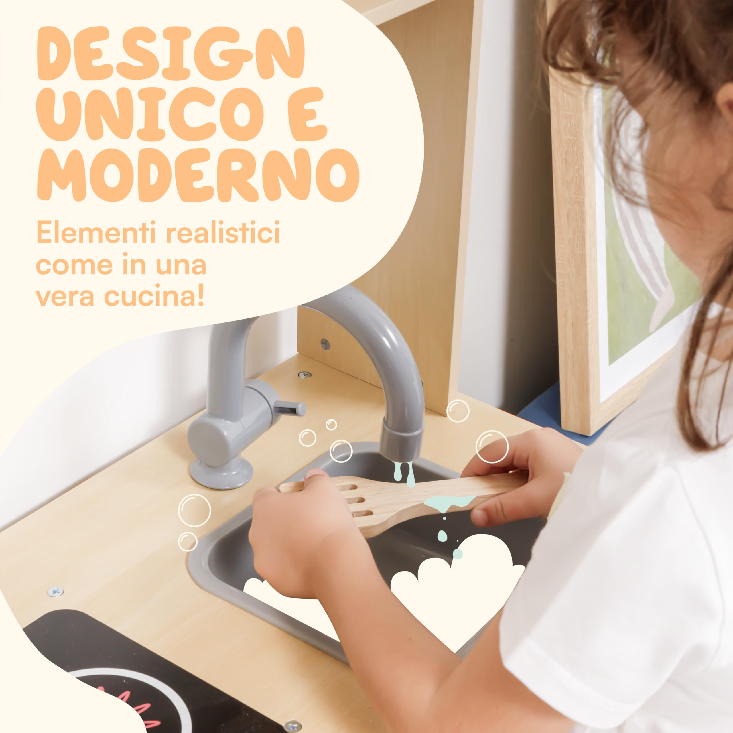 Baroni Toys Cocina de juego de madera Montessori para niña, juguete mini cocina de madera para niño, juego de cocina con horno microondas, fregadero y estufas, juego niños de 3 a 7 años, 58 x 30 x 96