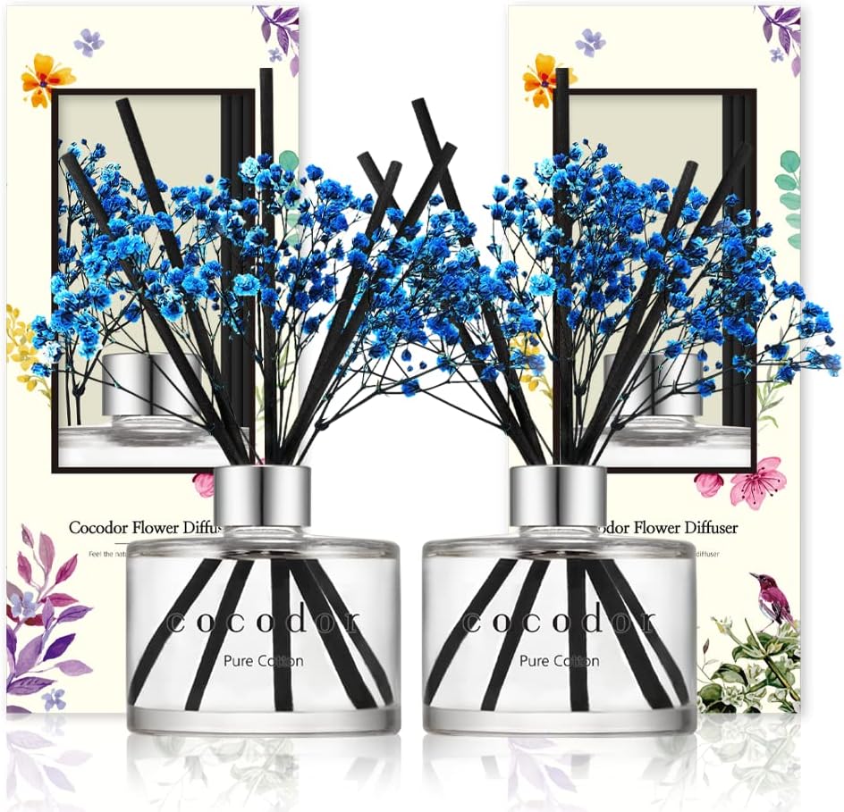 [COCODOR/Pure Cotton] Flower Reed diffusers Oil with a Set of 5 Fiber Sticks, 200ml*2packs, Best for Home, Kitchen, Bathroom. Diffusers with sticks