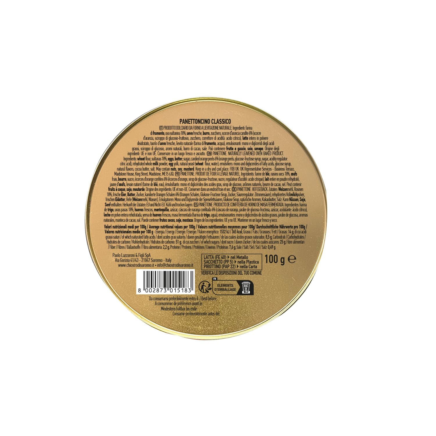 Chiostro di Saronno Klassischer Mini-Panettone 100 g, Langsam fermentierter Panettone, Panettone mit kandierten Früchten und Sultaninen, Traditioneller Panettone mit Orangenschalen und Sultaninen