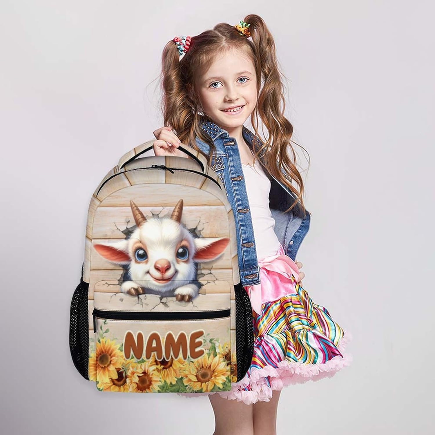 Kids Backpack for School, Custom Goat Backpack, Cute Backpacks for Boys Girls 6-8, 17 Inch Farm Animal Bookbag for School Daily Use Travel Camp