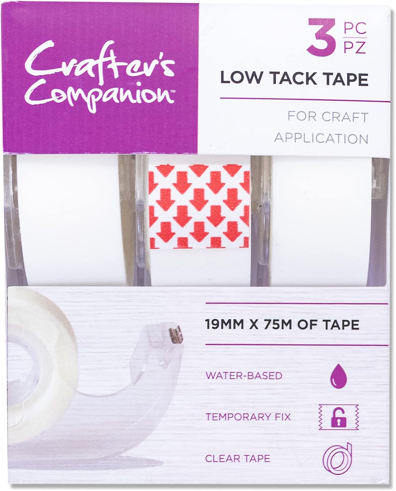 Crafter's Companion Low Tack Tape for Paper and Card Projects - Pack of 3 - Perfect for Using on Stencils, Masking and Inks - Each Roll Includes 75 metres (1.9cm thick), White