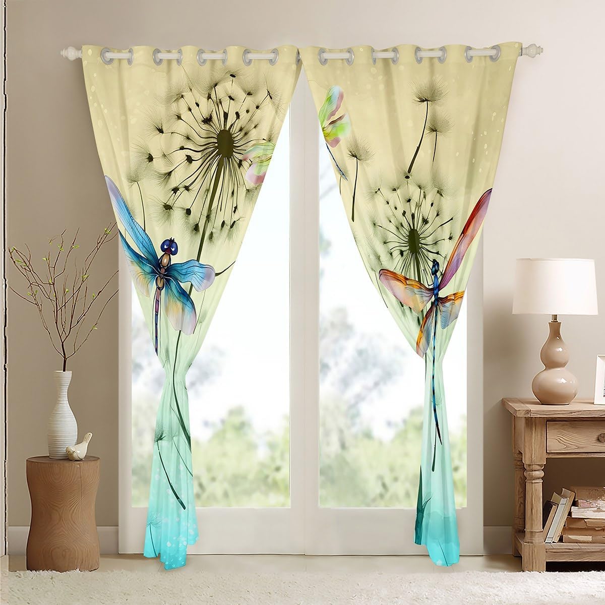Feelyou Pretty Dragonfly Curtains Boys Girls Dandelion Window Curtains for Bedroom Living Room for Kids Soft Teal Window Drapes Nutrue Window Treatments Room Decor Bedclothes 52W X 84L,2 Panels