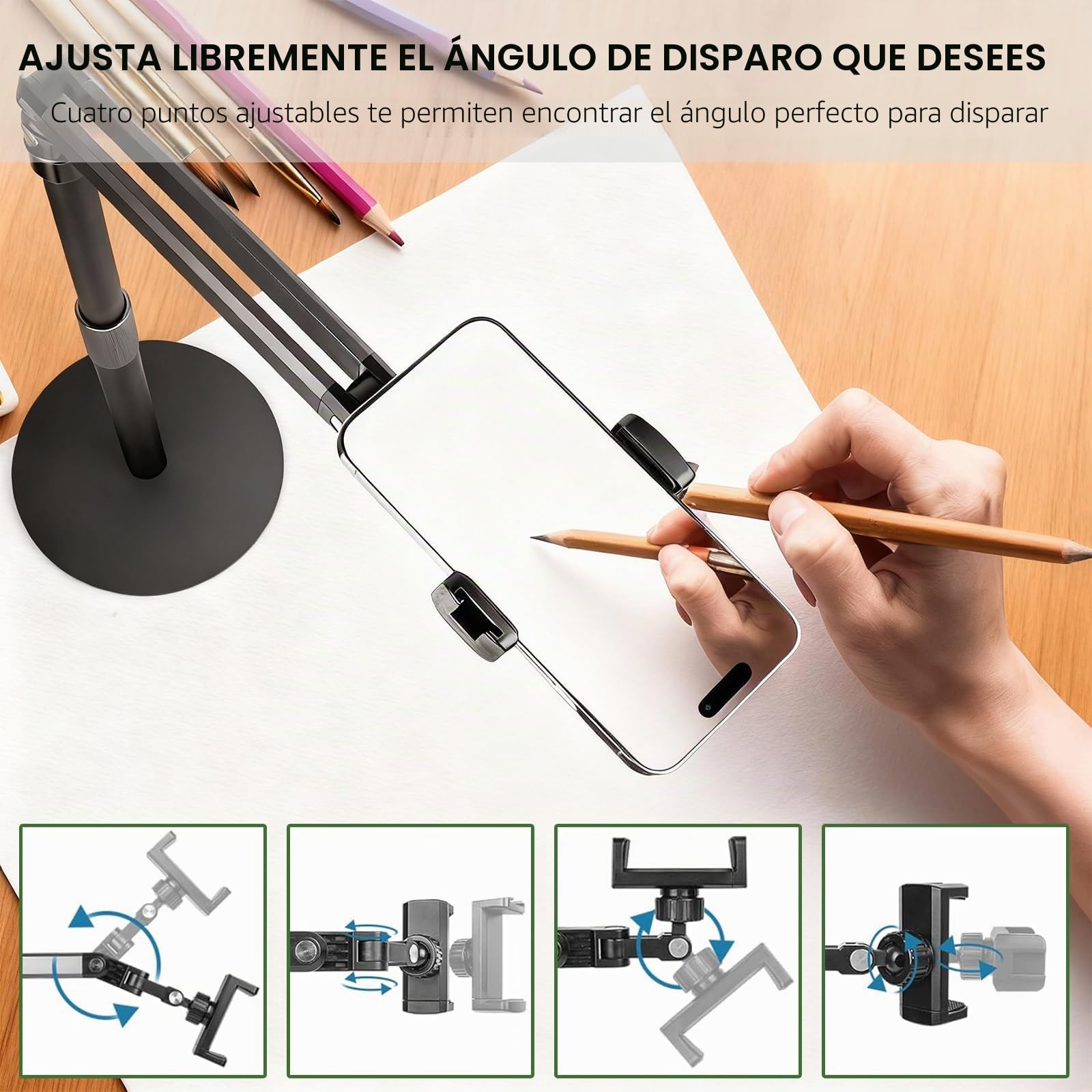 Soporte de Móvil de Mesa, Altura y Ángulo Ajustable 360°, Base Antideslizante de Metal, Ideal para Transmisión en Vivo, Grabación de Videos y Videollamadas