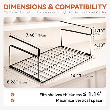 Under Shelf Basket, 15 Metal Under Shelf Storage, Space Saving Cabinet Organizers and Storage for Kitchen Pantry, Bookshelf, Cabinet, Bathroom,Black