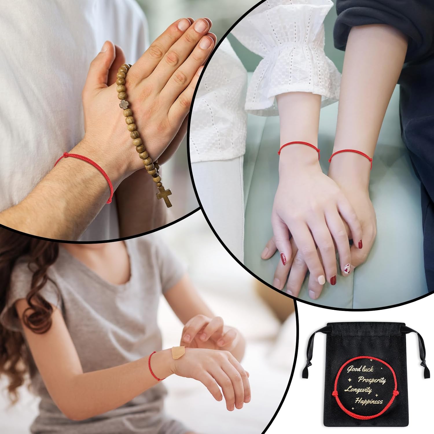 Landical 3 Pcs Kabbalah Red String Bracelet Handmade Red Cord Bracelet Adjustable String Amulet with 3 Pcs Velvet Jewelry Bags for Women Men for Protection, Evil Eye and Good Luck - Image 3