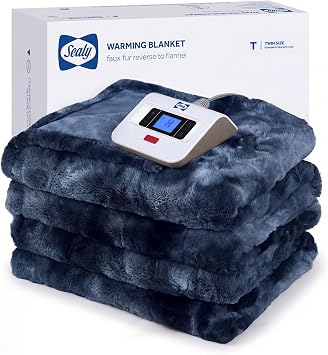 Sealy Faux Fur Flannel Heated Electric Blanket 62x84 Twin Size, Navy Blue