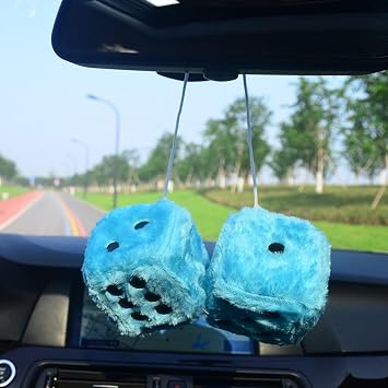 Fuzzy Plush Dice with Dots Car Mirror Hanging Ornament,3 inch Pair of Retro Square Mirror Hanging Decoration Rear View Mirror Pendant Ornament Home Decorative Car Interior Accessories Blue