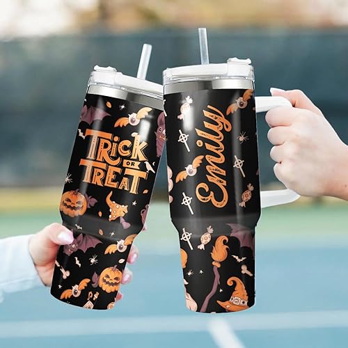 Miniatura 6 de Vaso de Halloween personalizado de 40 onzas con asa de truco o trato, taza de café de viaje con aislamiento espeluznante, vasos de Halloween, taza