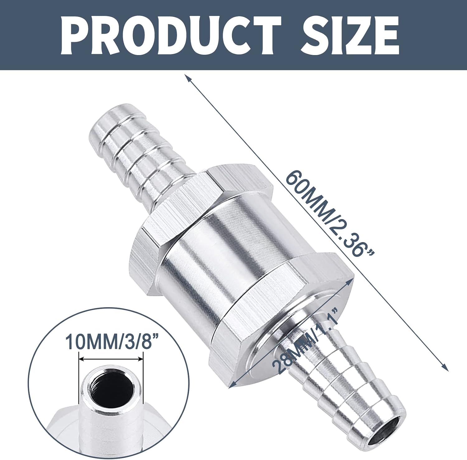 2 Packs 3/8" 10mm Aluminium Alloy Non Return One Way Fuel Line Check Valve Sliver