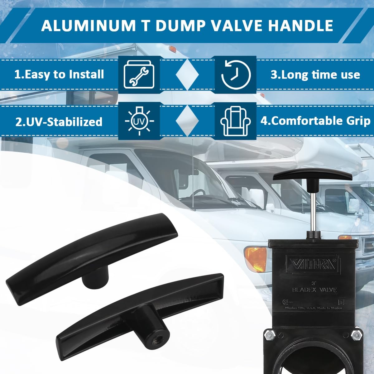 2pcs Black Aluminum RV Sewer Waste Valve Handle Replacement for Camper Dump Valve Handle, Universal Size Gate Valves for 1.5in 2in 3in Gray Black Water Tanks
