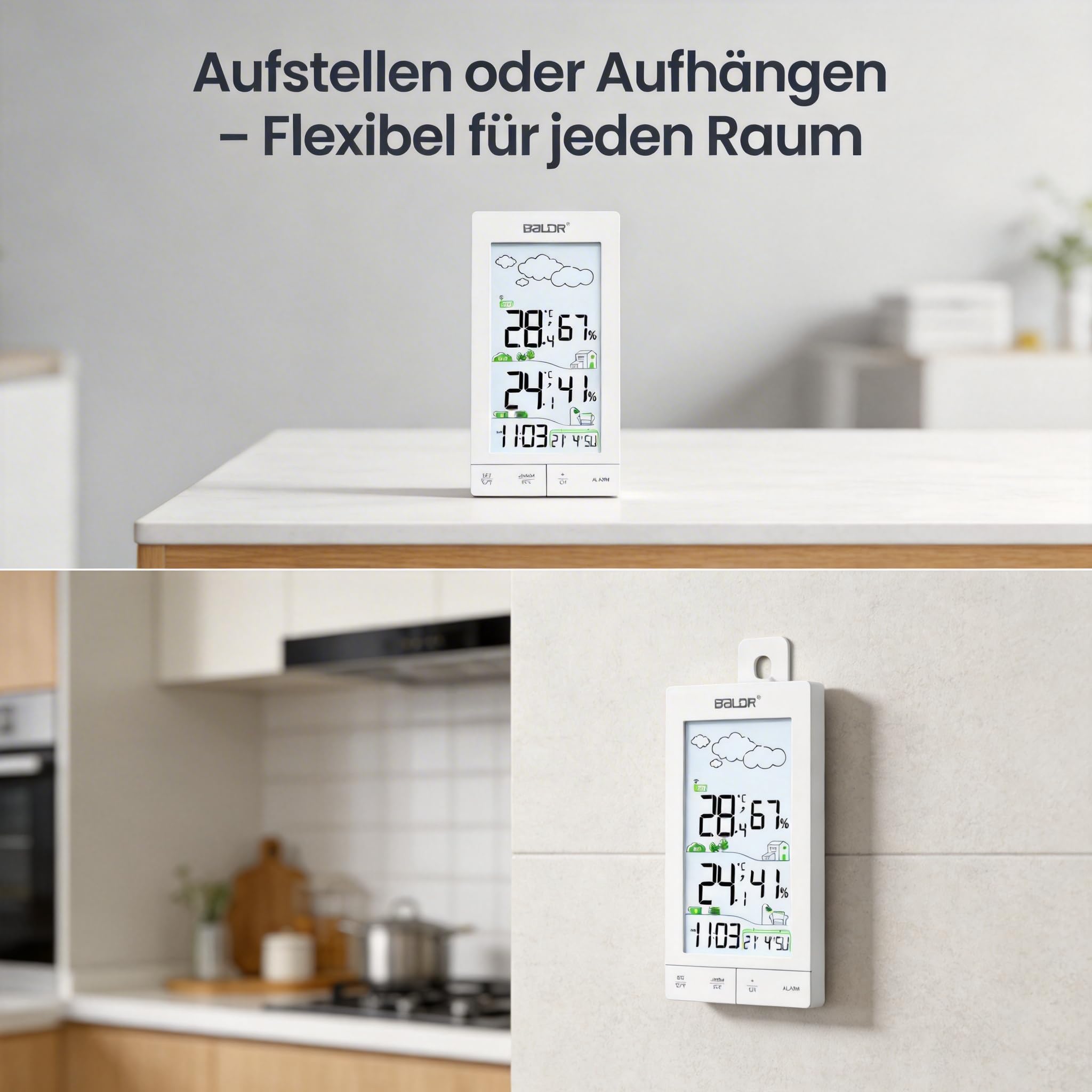 Konsen Wetterstation Funk mit Außensensor – 5" Display mit Hintergrundbeleuchtung, DCF Funkuhr, Innen- & Außentemperatur, Luftfeuchtigkeit, Wettervorhersage, einfache Bedienung durch vordere Tasten