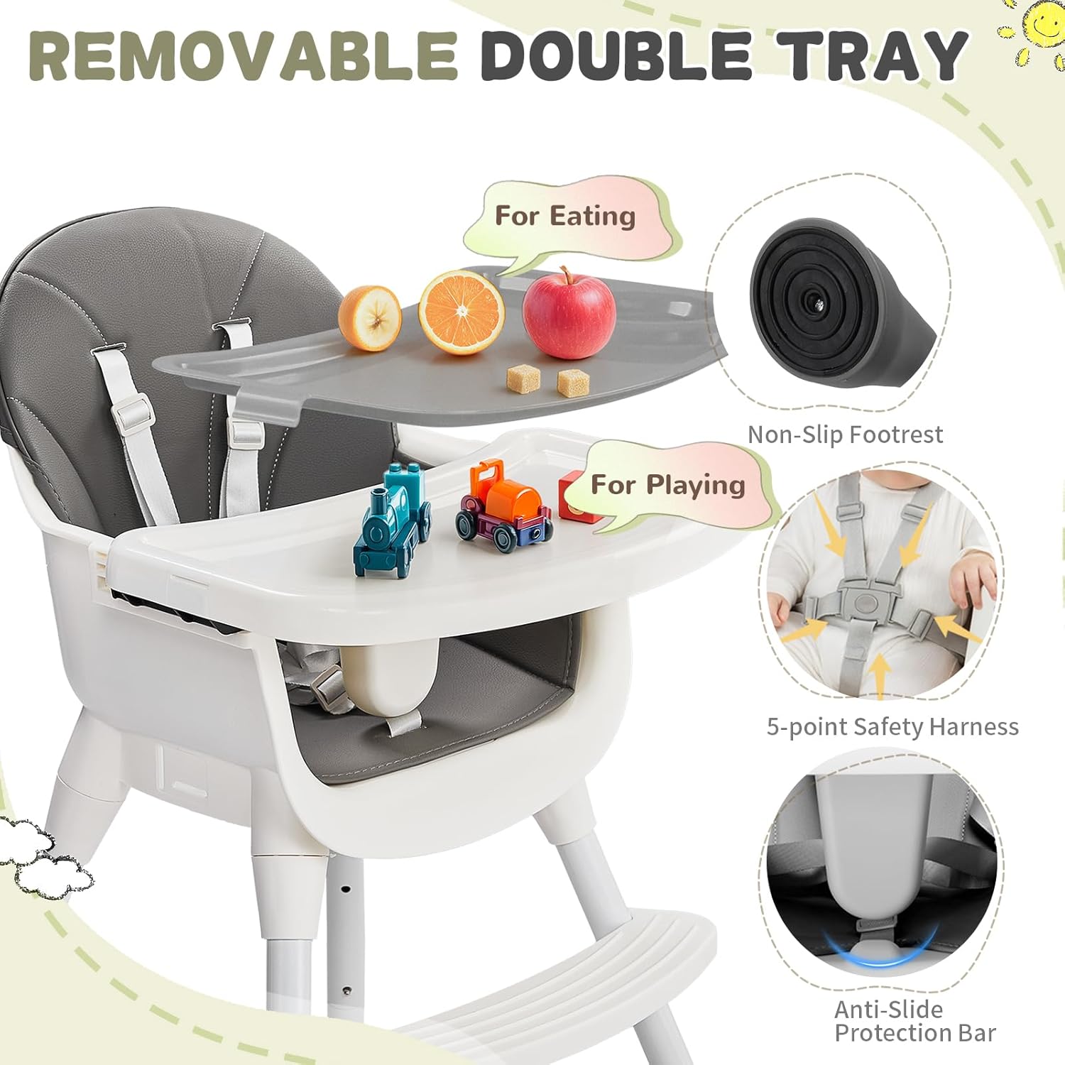 Ktaxon 3-in-1 Baby High Chair, Portable Adjustable Height Highchair with Removable Dual-Layer Tray, 5-Point Safety Harness and Footrest for Toddlers & Babies, Grey