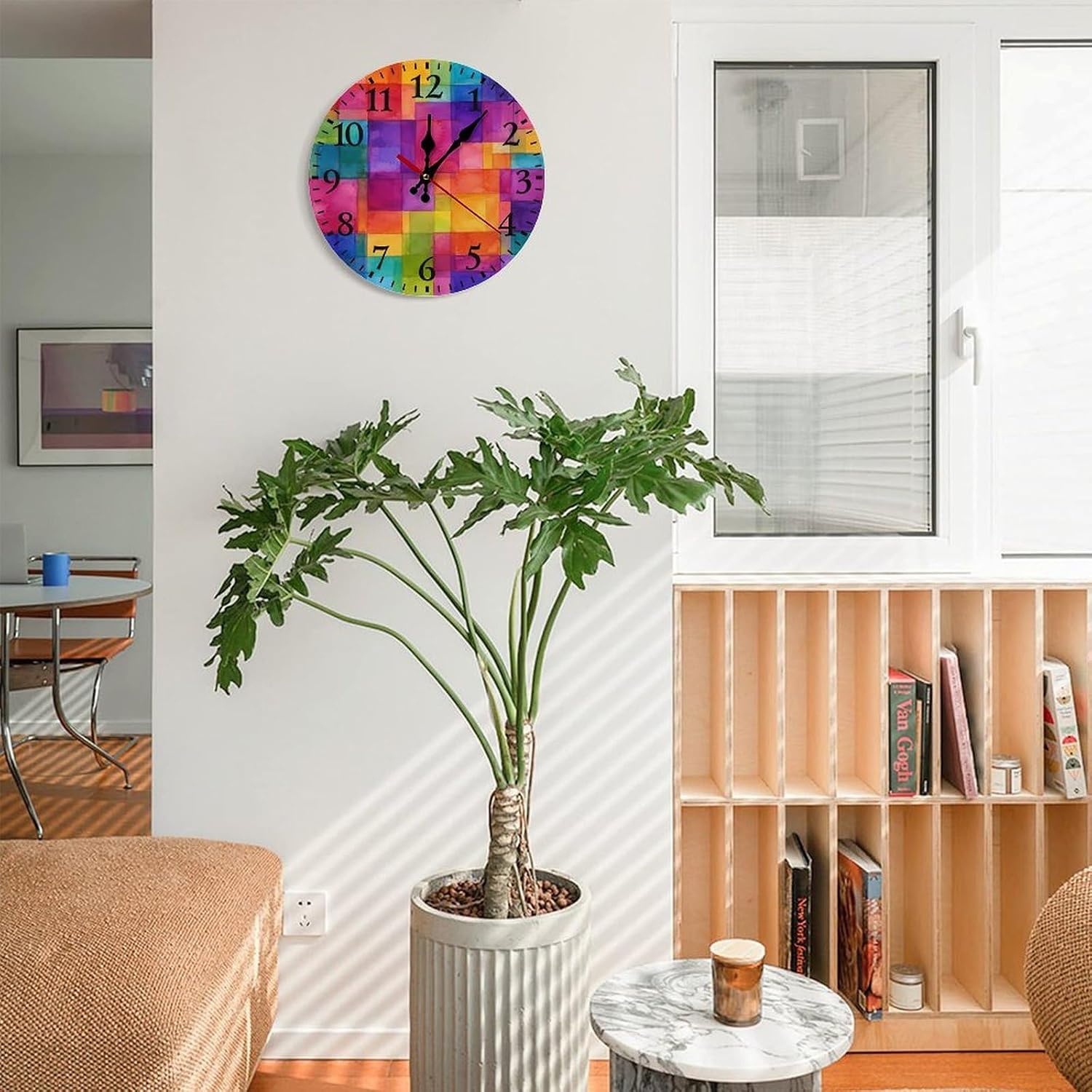 Colorful Watercolor Wall Clock, 9.8 Inch Abstract Patchwork Round Clock with Large Numbers, Rainbow Art Wall Decor for Living Room Bedroom Office Studio, Gifts for Women Men Teens image 5