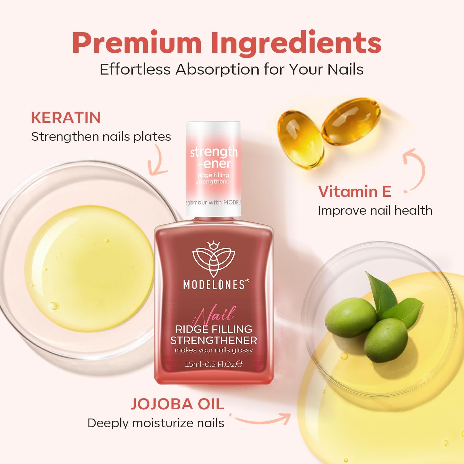 Modelones Nail Strengthener and Growth Nail Hardener Nude Nail Polish Extra Strong Nail Strengthener Ridge Filler Nail Repair for Finger Toenails Damaged Thin Brittle Nails 15ml Nude Pink
