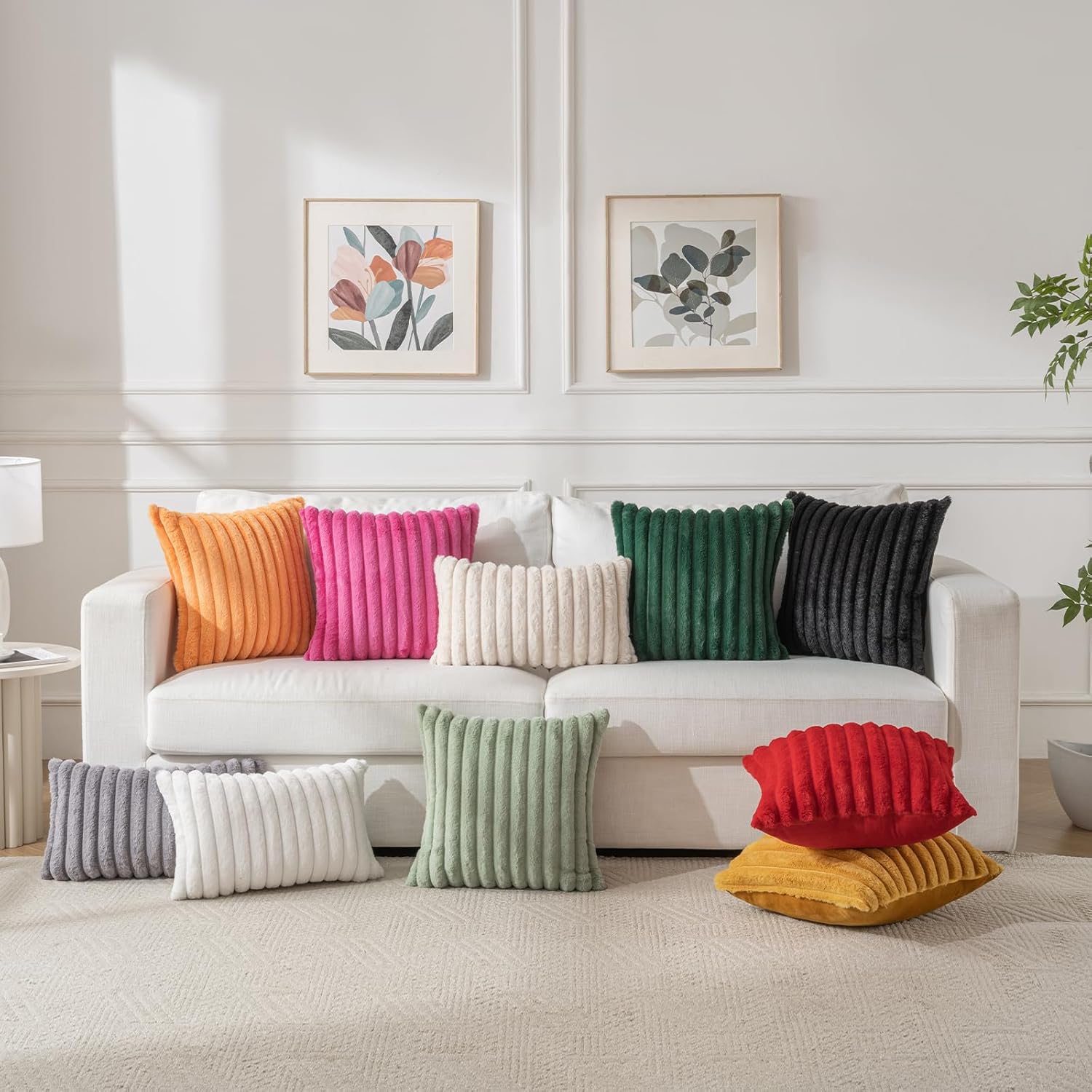 BBiggood Black Throw Pillow Covers 18x18 Set of 2, Velvet Striped Decor Cushion Covers with Back Faux Rabbit Fur Pillow Covers, Home Decor Halloween Pillow Covers for Couch Sofa Livingroom.