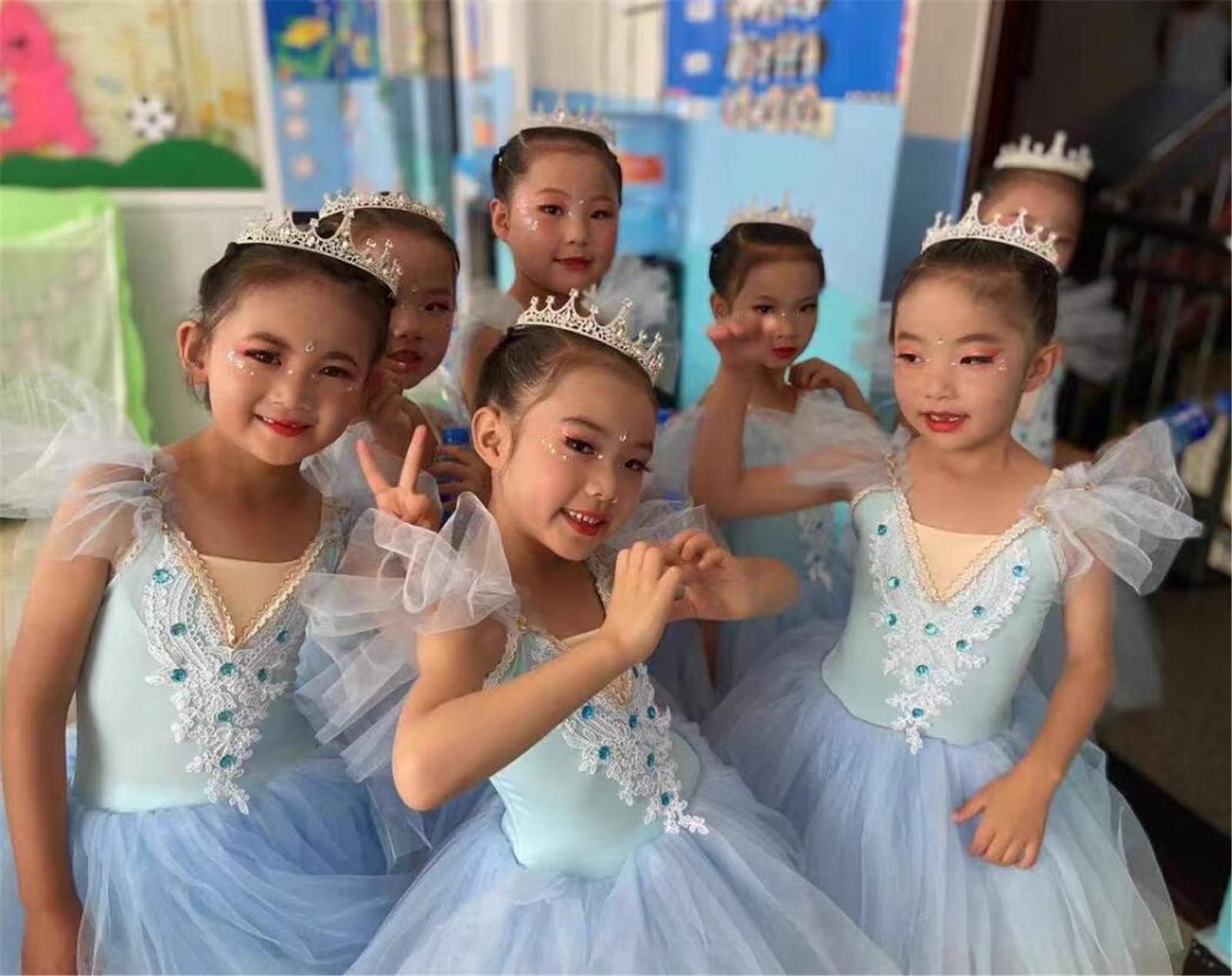 OTMYIGO Disfraz de Bailarina de Princesa para niñas, Vestido de Ballet tutú de Leotardo Largo sin Mangas para niñas, Disfraz de competición de Patinaje artístico para niñas,Light Blue,M