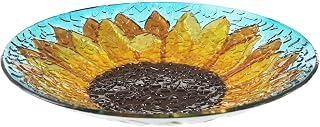 Glass Bird Bath for Outdoors Garden, 18" Dia Hand Painted Sunflower Birdbath Bowl, 64oz Large Wild Bird Feeder for Garden Yard Patio Lawn Decor