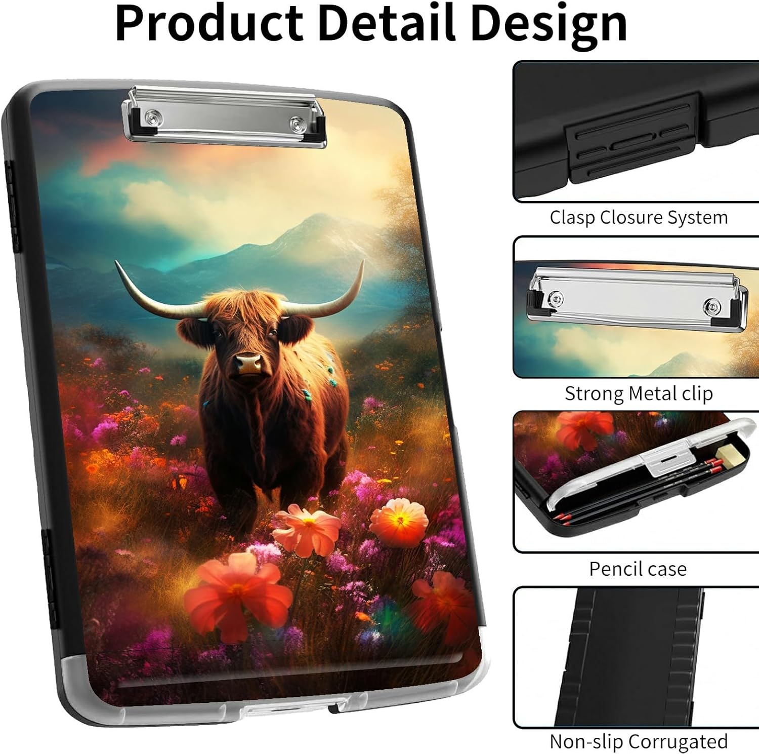 Clipboard with Storage -BFDHGQZC High Capacity Plastic Nursing Clipboards with Pen Holder Clipboard with File Folder Storage with Heavy Duty Clips for Teacher,Doctor,Offices,Cow in Colorful Flower